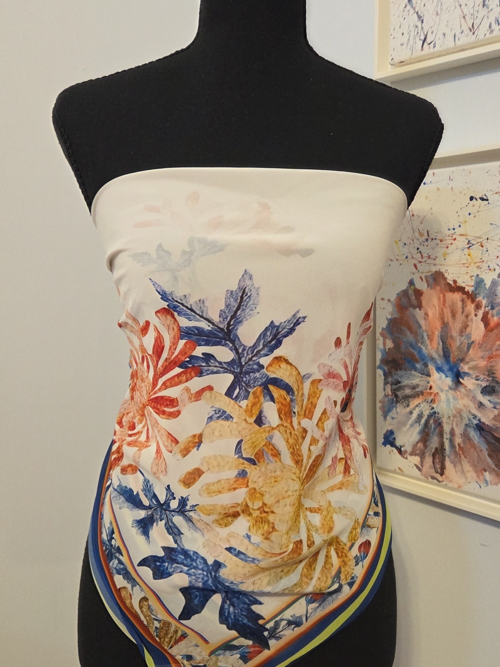 Floral Multicolor Versatile Scarf/ Strapless Top With Coconut Wooden Ring